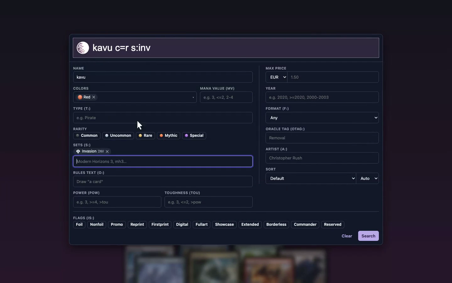 Screenshot of the Yassir extension: a card search form for Scryfall